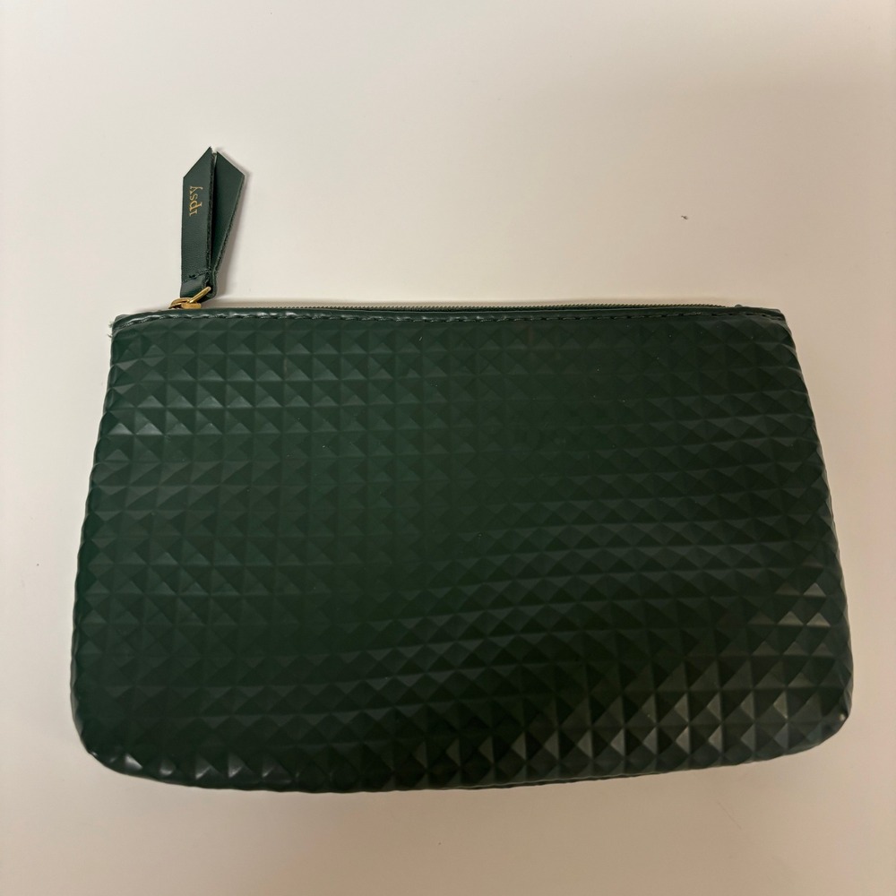 Ipsy Dark Green Textured Geometric Pyramid Makeup Bag Pink Interior Pouch